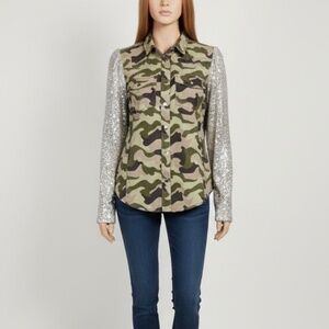 VENUS Camouflage Sequin Sleeve Denim Jacket size 8 NWT